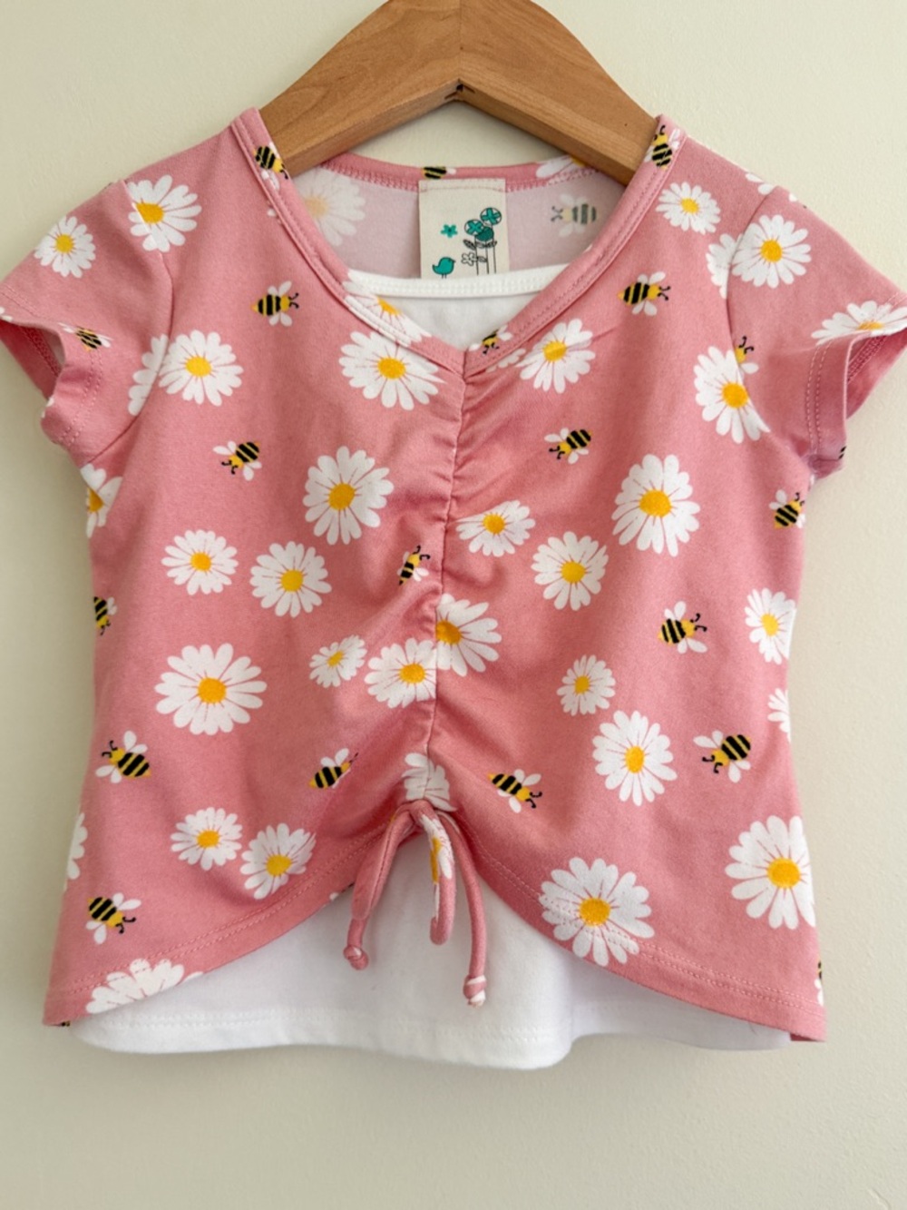 Lily Bleu Pink Daisy & Bee Ruched Tie Short Sleeve Top